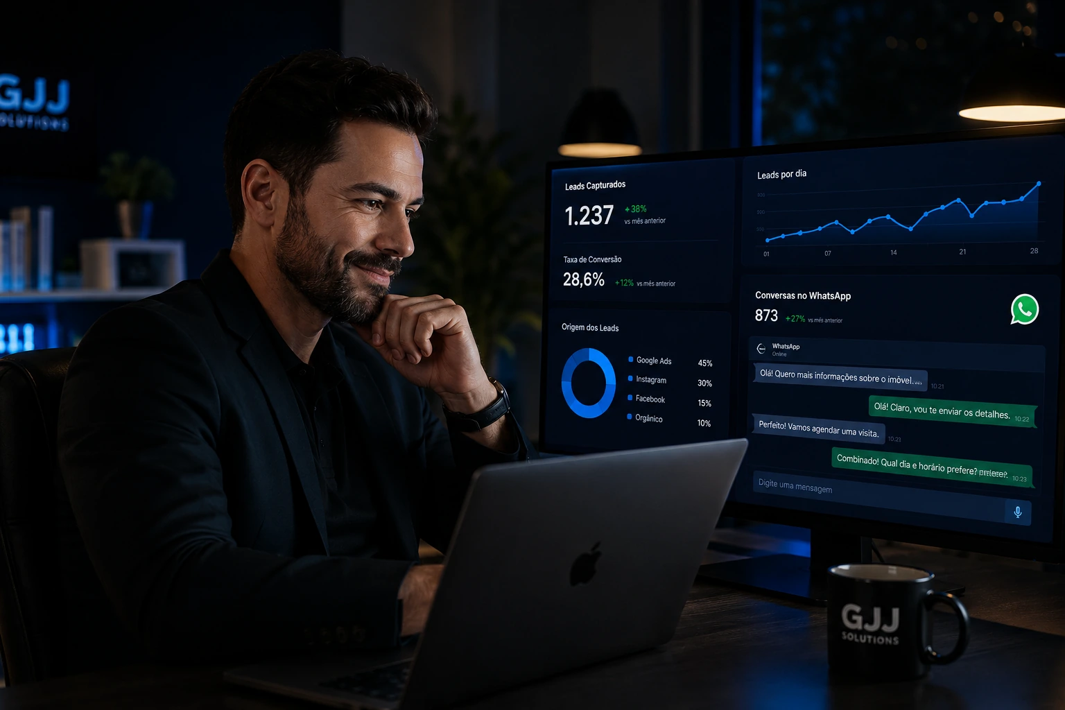 Corretor em escritório, em uma operação premium de geração de leads.
